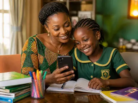 Une maman et sa fille préparent la rentrée scolaire sur leur téléphone, entourées de livres et fournitures.