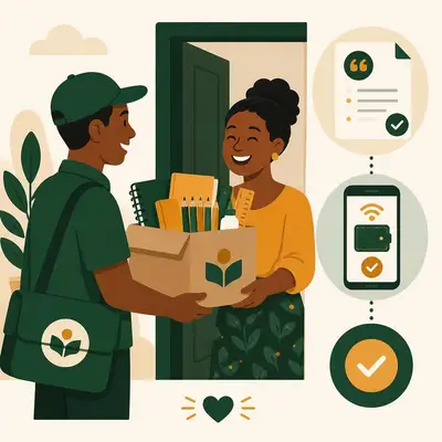 Illustration d'une livraison de fournitures scolaires avec paiement mobile confirmé.