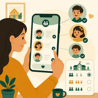 Illustration d'un parent ajoutant les profils de ses enfants dans l'application.