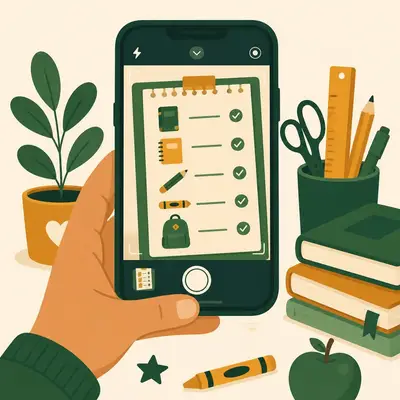 Illustration d'un téléphone photographiant une liste scolaire avec une case cochée par article.