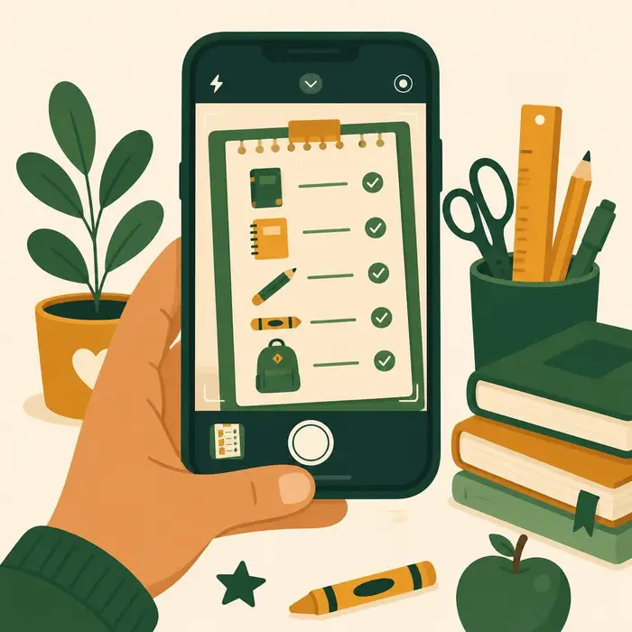 Illustration d'un téléphone photographiant une liste scolaire avec une case cochée par article.