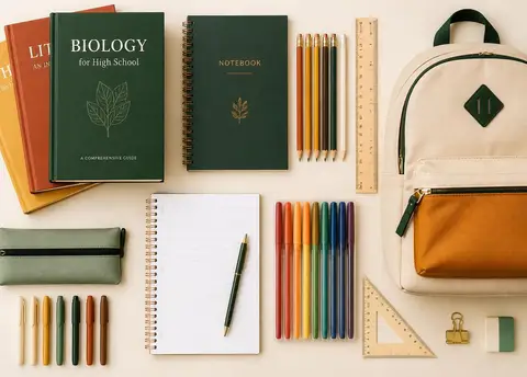 Fournitures scolaires soigneusement rangées : livres, cahiers, stylos, règles et cartable.